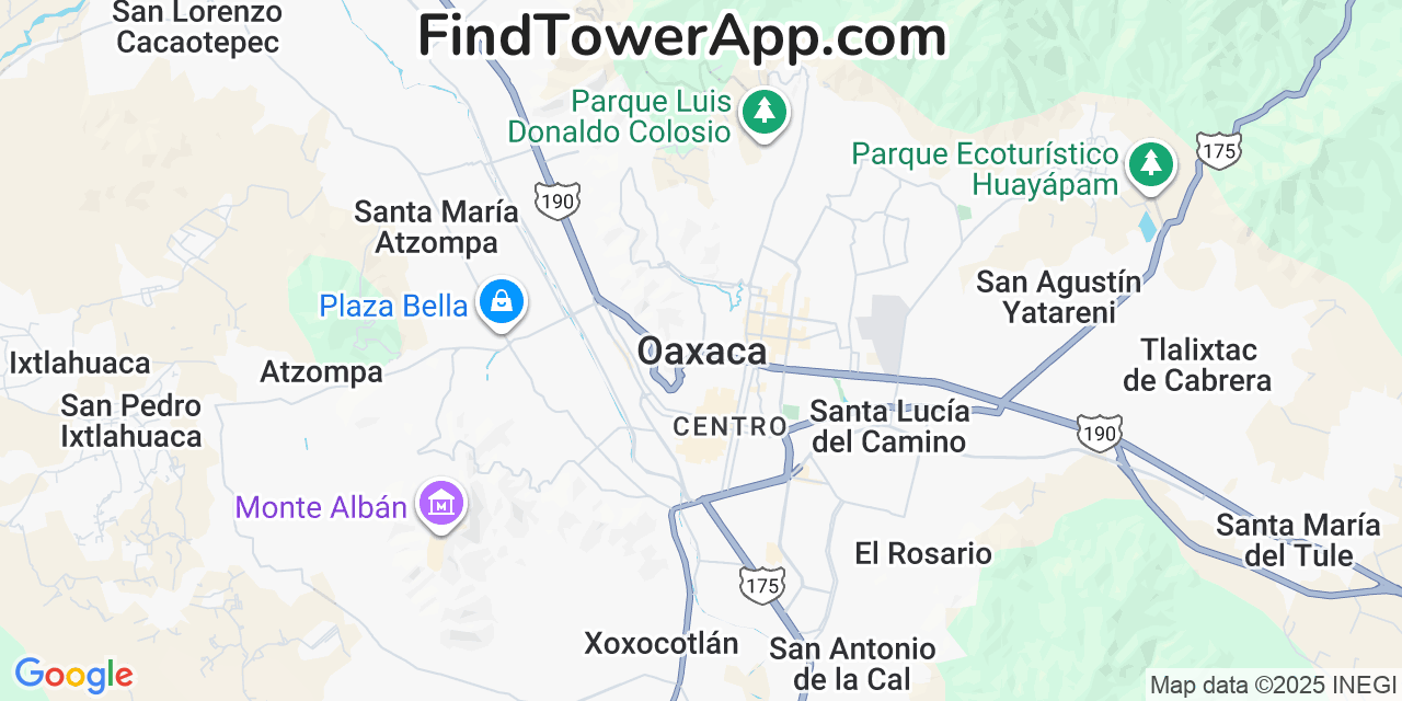 Map showing the 0 primary Telcel cell tower locations detected in Oaxaca, Mexico with coverage radius and signal strength indicators