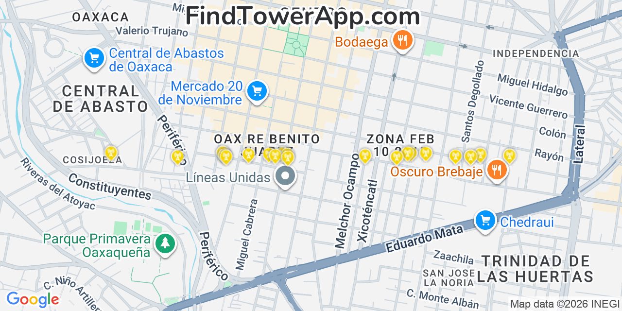 Map showing the 20 primary cell tower locations detected in Oaxaca (Use Search Inside Map To Zoom Into “Zipolite, Oaxaca”) from AT&T, Verizon, and T-Mobile networks