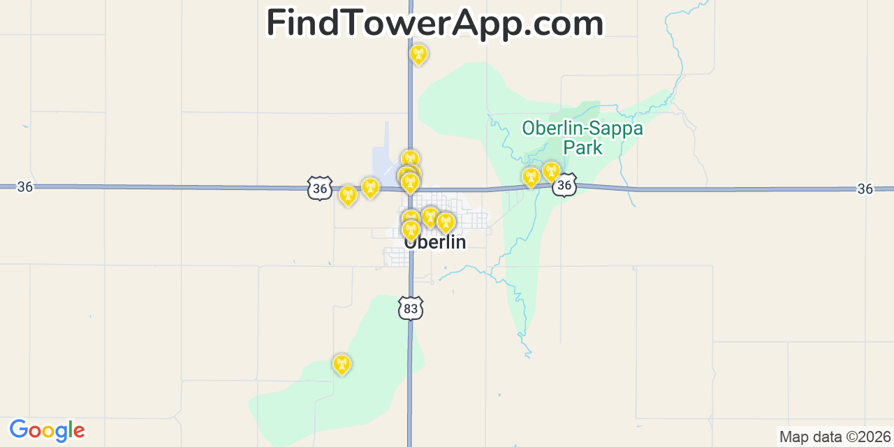 Map showing the 20 primary cell tower locations detected in Oberlin, Kansas from AT&T, Verizon, and T-Mobile networks