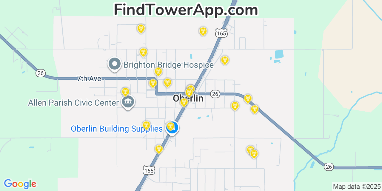 Map showing the 20 primary cell tower locations detected in Oberlin, Louisiana from AT&T, Verizon, and T-Mobile networks