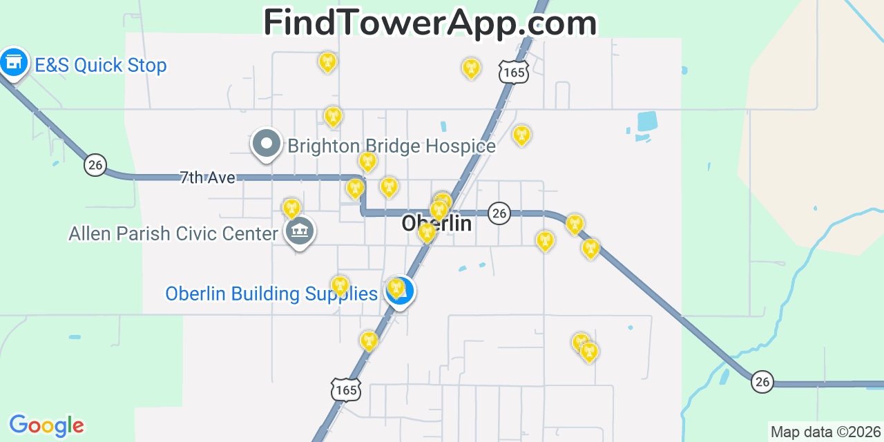Map showing the 20 primary cell tower locations detected in Oberlin, Louisiana from AT&T, Verizon, and T-Mobile networks