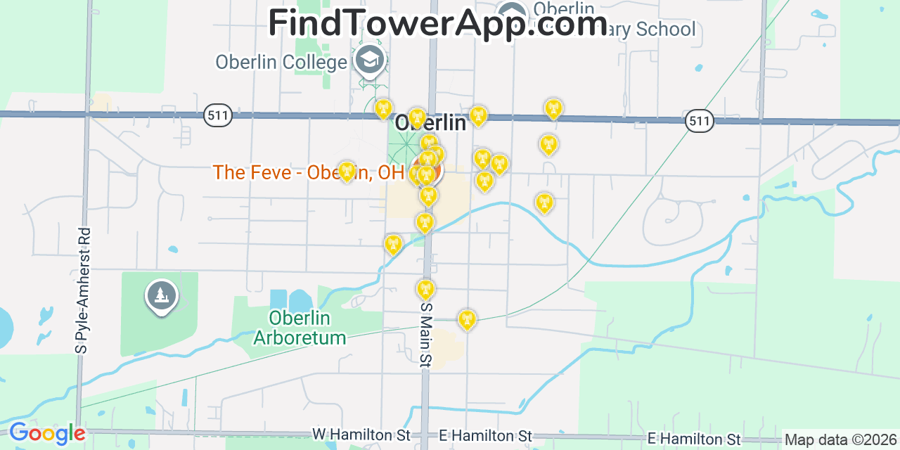 Map showing the 20 primary cell tower locations detected in Oberlin, Ohio from AT&T, Verizon, and T-Mobile networks
