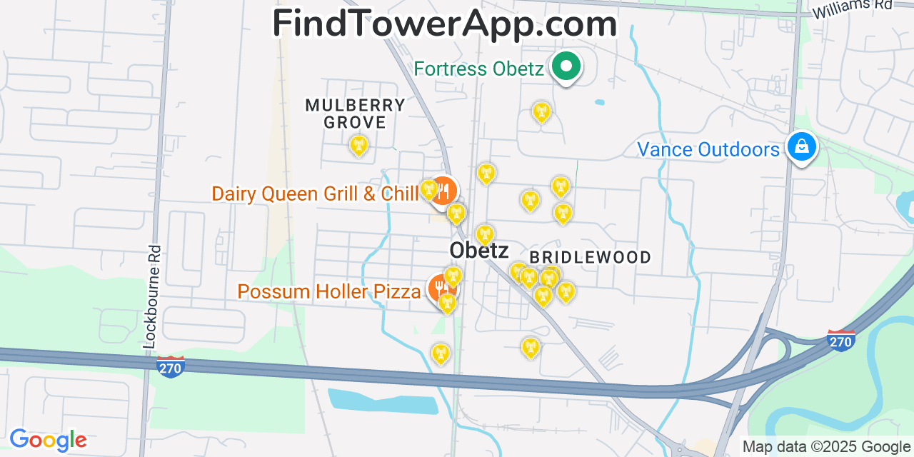 Map showing the 20 primary cell tower locations detected in Obetz, Ohio from AT&T, Verizon, and T-Mobile networks