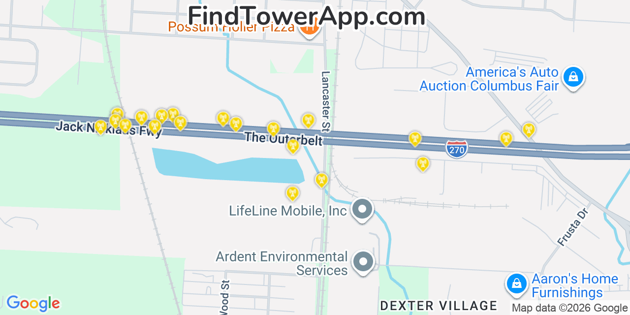 Map showing the 20 primary cell tower locations detected in Obetz, Ohio from AT&T, Verizon, and T-Mobile networks