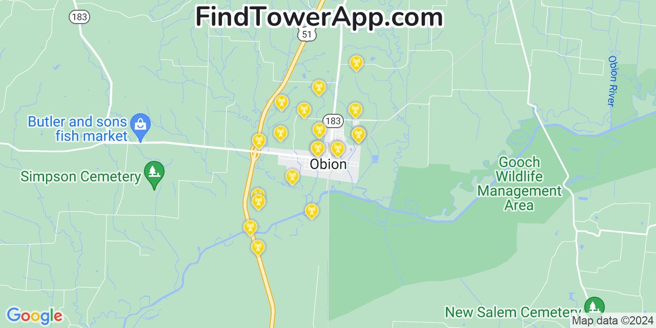 AT&T 4G/5G cell tower coverage map Obion, Tennessee