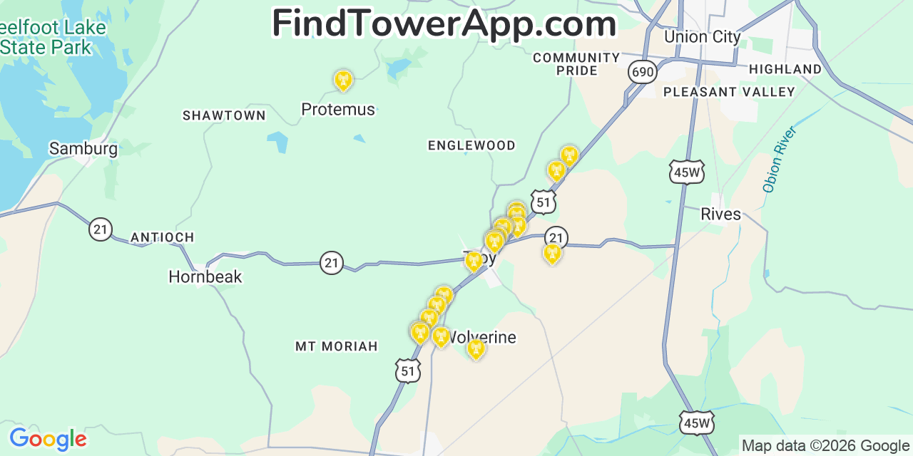 Map showing the 20 primary cell tower locations detected in Obion, Tennessee from AT&T, Verizon, and T-Mobile networks