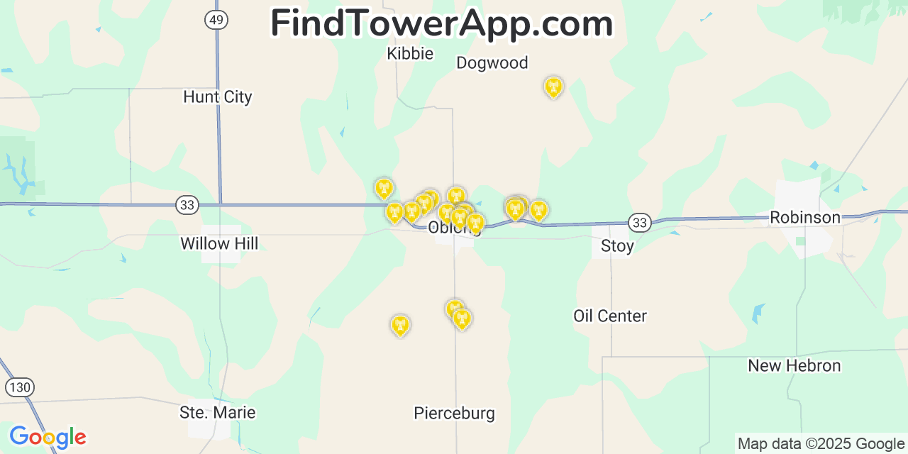 Map showing the 20 primary cell tower locations detected in Oblong, Illinois from AT&T, Verizon, and T-Mobile networks