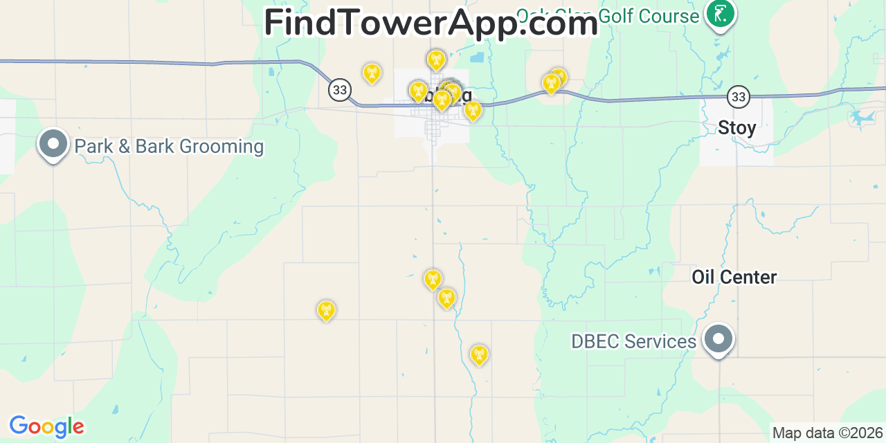 Map showing the 20 primary cell tower locations detected in Oblong, Illinois from AT&T, Verizon, and T-Mobile networks