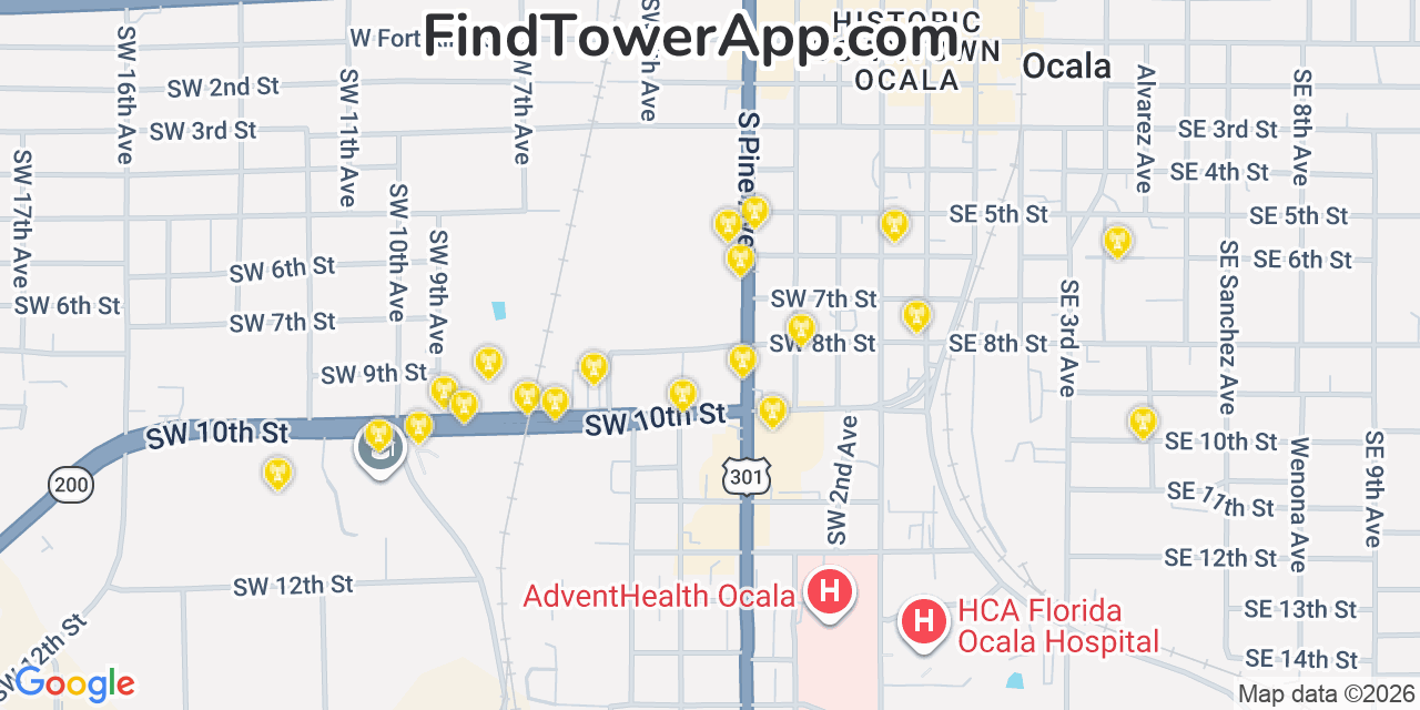 Map showing the 20 primary cell tower locations detected in Ocala, Florida from AT&T, Verizon, and T-Mobile networks