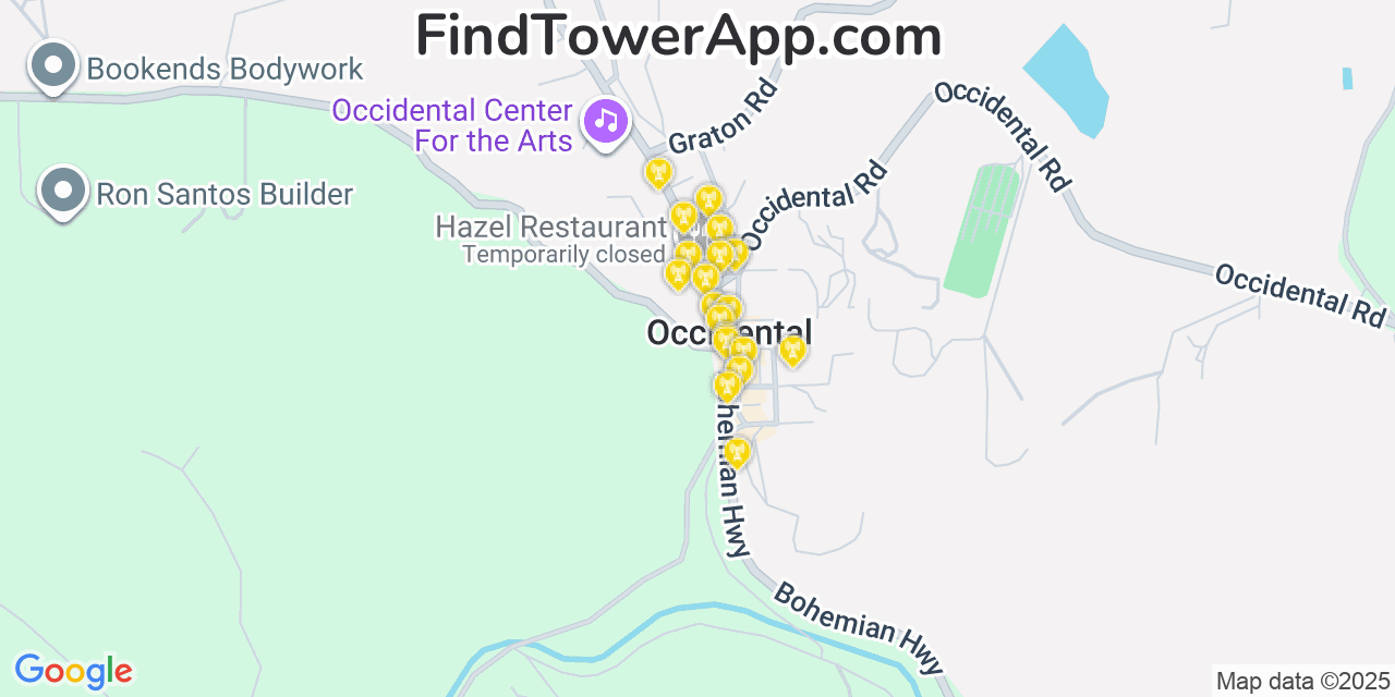 Map showing the 20 primary cell tower locations detected in Occidental, California from AT&T, Verizon, and T-Mobile networks