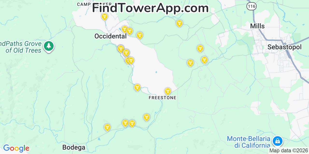 Map showing the 20 primary cell tower locations detected in Occidental, California from AT&T, Verizon, and T-Mobile networks