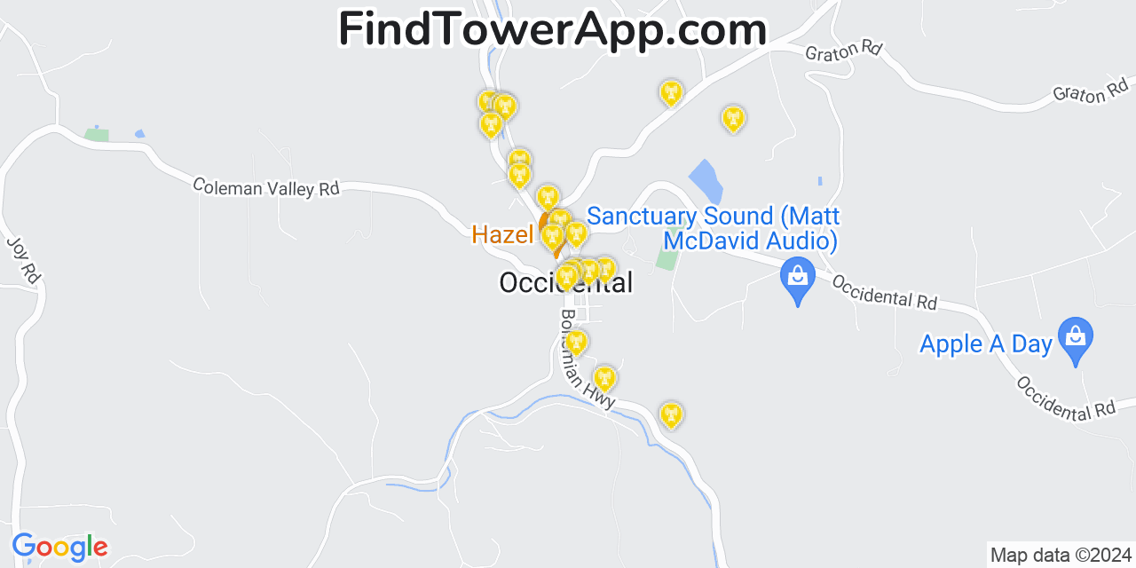 Verizon 4G/5G cell tower coverage map Occidental, California