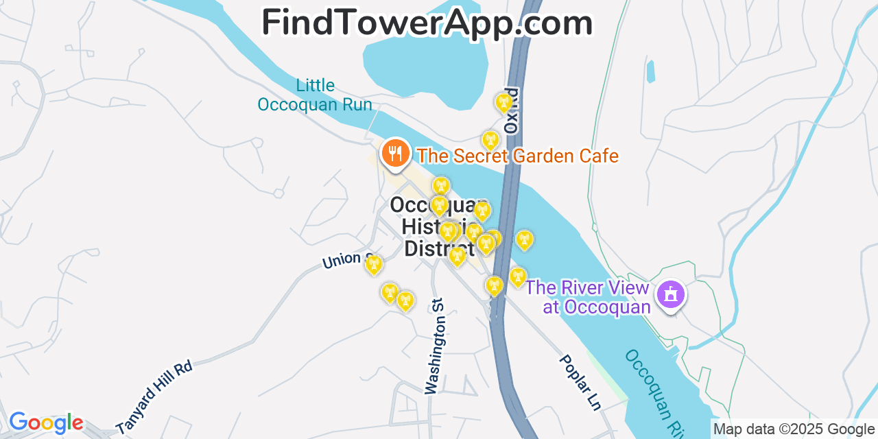 Map showing the 20 primary cell tower locations detected in Occoquan, Virginia from AT&T, Verizon, and T-Mobile networks
