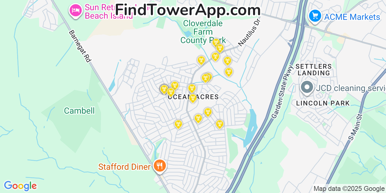 Map showing the 20 primary cell tower locations detected in Ocean Acres, New Jersey from AT&T, Verizon, and T-Mobile networks