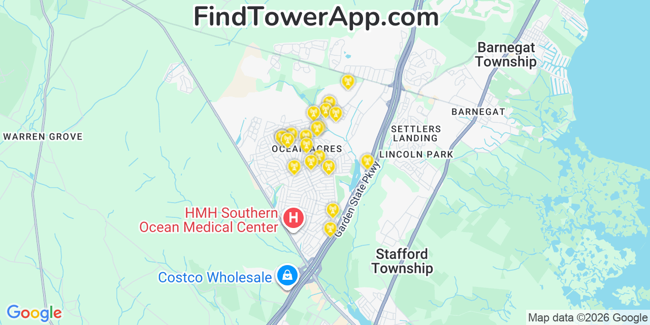 Map showing the 20 primary cell tower locations detected in Ocean Acres, New Jersey from AT&T, Verizon, and T-Mobile networks