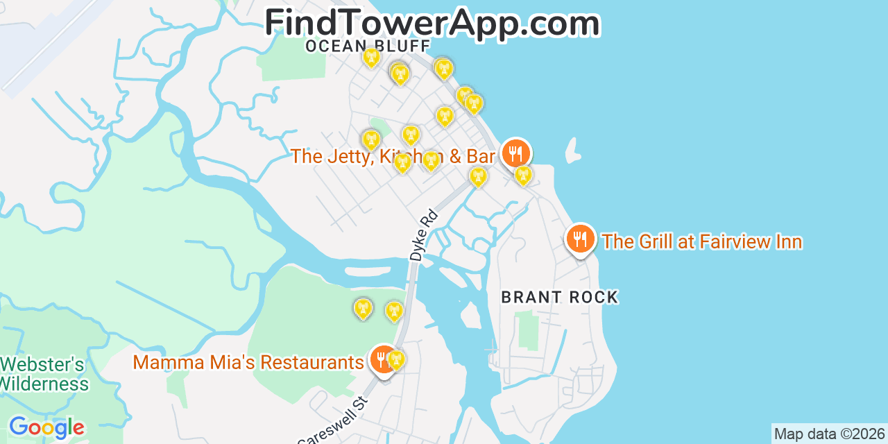 Map showing the 20 primary cell tower locations detected in Ocean Bluff Brant Rock, Massachusetts from AT&T, Verizon, and T-Mobile networks