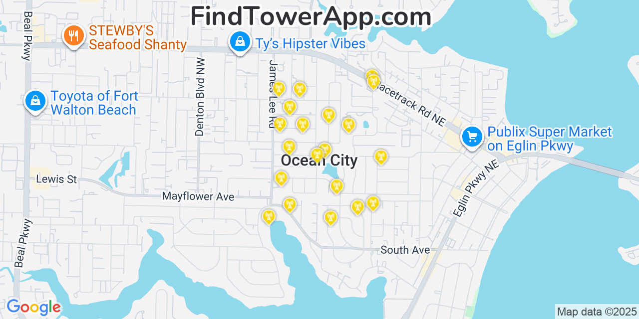 Map showing the 20 primary cell tower locations detected in Ocean City, Florida from AT&T, Verizon, and T-Mobile networks