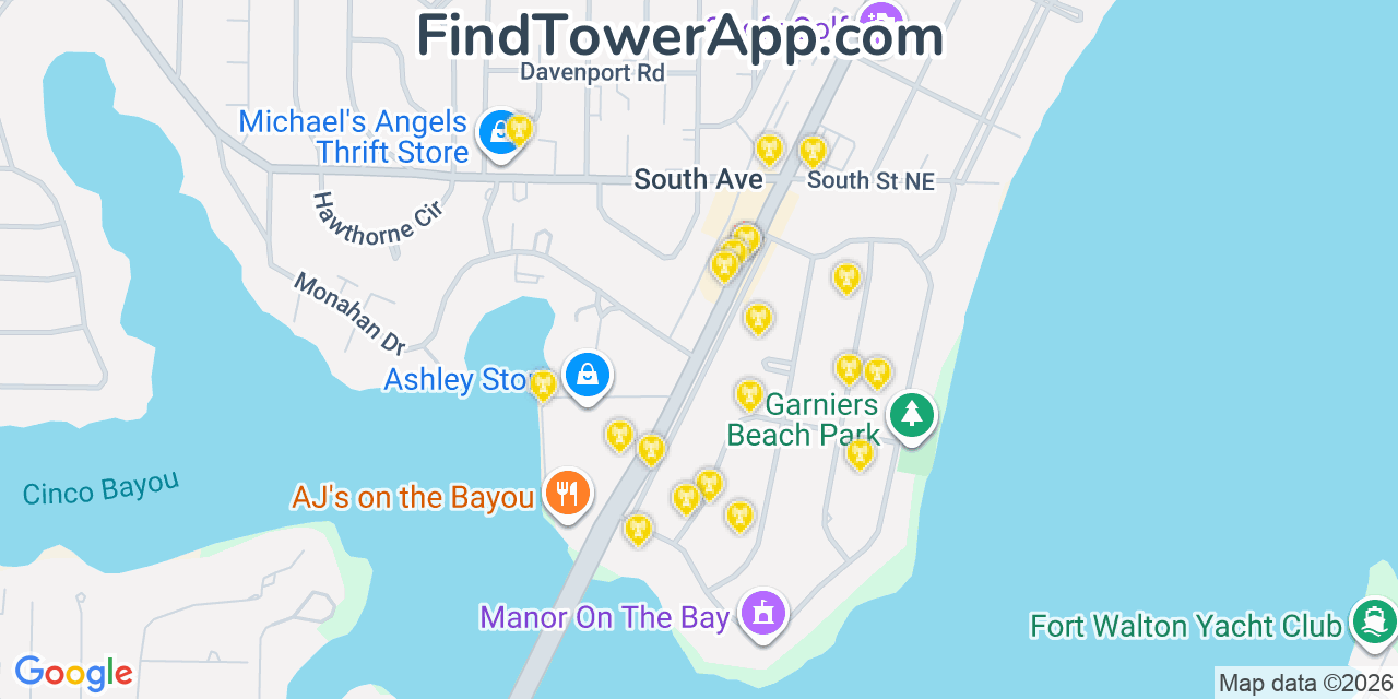 Map showing the 20 primary cell tower locations detected in Ocean City, Florida from AT&T, Verizon, and T-Mobile networks