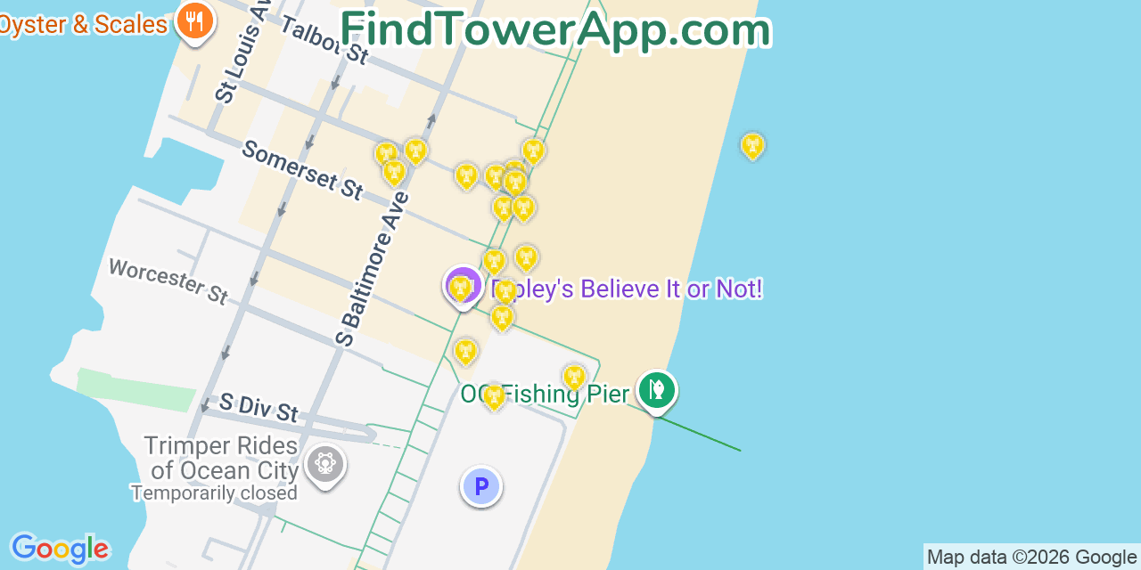Map showing the 20 primary cell tower locations detected in Ocean City, Maryland from AT&T, Verizon, and T-Mobile networks