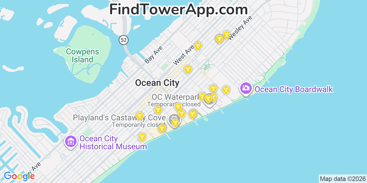 Map showing the 20 primary cell tower locations detected in Ocean City, New Jersey from AT&T, Verizon, and T-Mobile networks