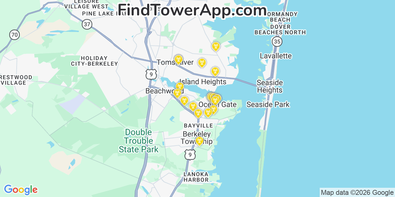 Map showing the 20 primary cell tower locations detected in Ocean Gate, New Jersey from AT&T, Verizon, and T-Mobile networks