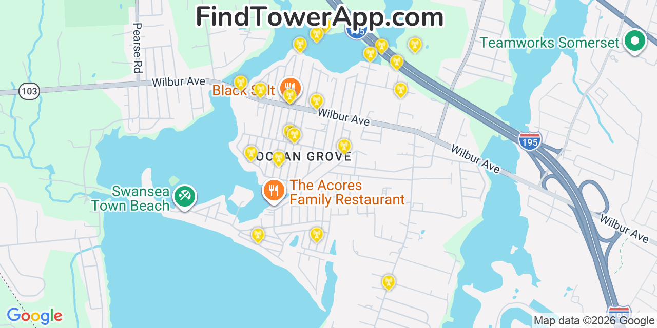 Map showing the 20 primary cell tower locations detected in Ocean Grove, Massachusetts from AT&T, Verizon, and T-Mobile networks