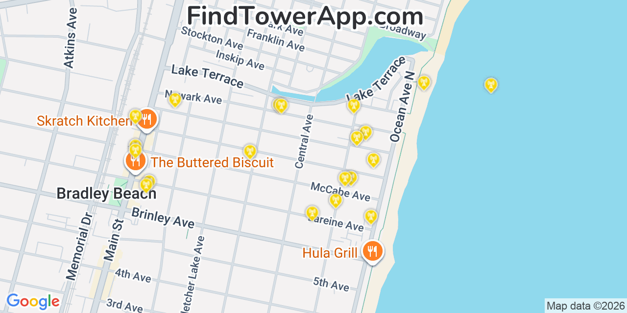 Map showing the 20 primary cell tower locations detected in Ocean Grove, New Jersey from AT&T, Verizon, and T-Mobile networks