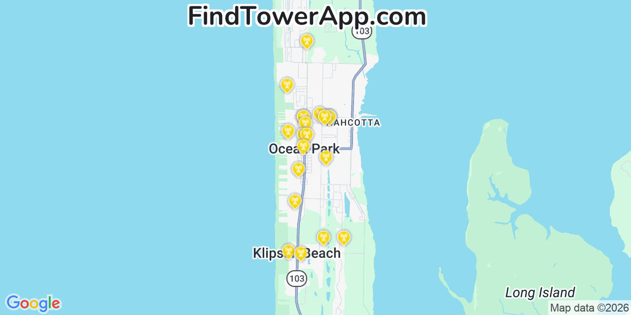 Map showing the 20 primary cell tower locations detected in Ocean Park, Washington from AT&T, Verizon, and T-Mobile networks