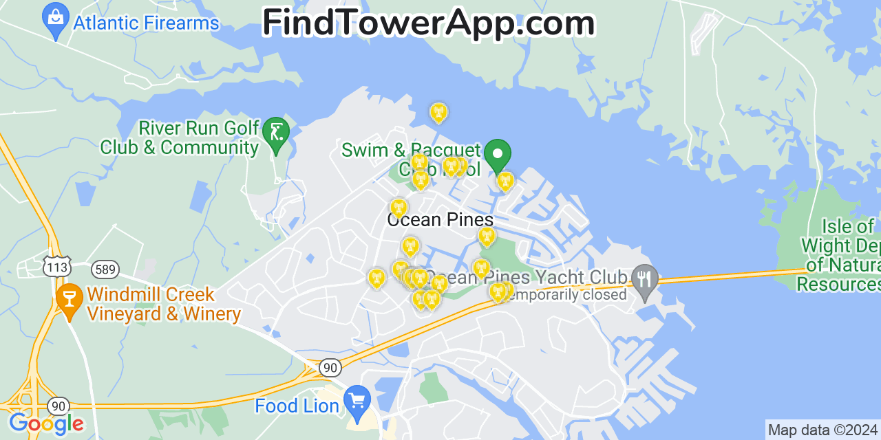 AT&T 4G/5G cell tower coverage map Ocean Pines, Maryland