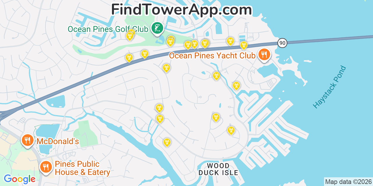 Map showing the 20 primary cell tower locations detected in Ocean Pines, Maryland from AT&T, Verizon, and T-Mobile networks