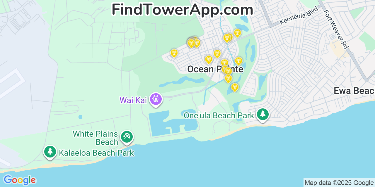 Map showing the 20 primary cell tower locations detected in Ocean Pointe, Hawaii from AT&T, Verizon, and T-Mobile networks