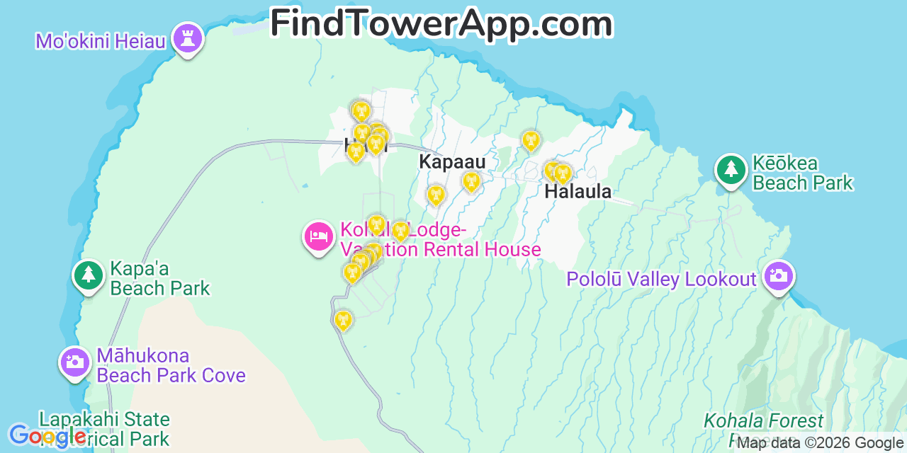 Map showing the 20 primary cell tower locations detected in Ocean Pointe, Hawaii from AT&T, Verizon, and T-Mobile networks