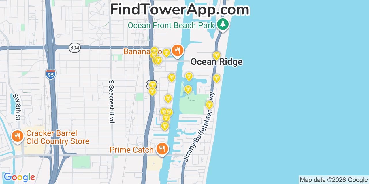 Map showing the 20 primary cell tower locations detected in Ocean Ridge, Florida from AT&T, Verizon, and T-Mobile networks