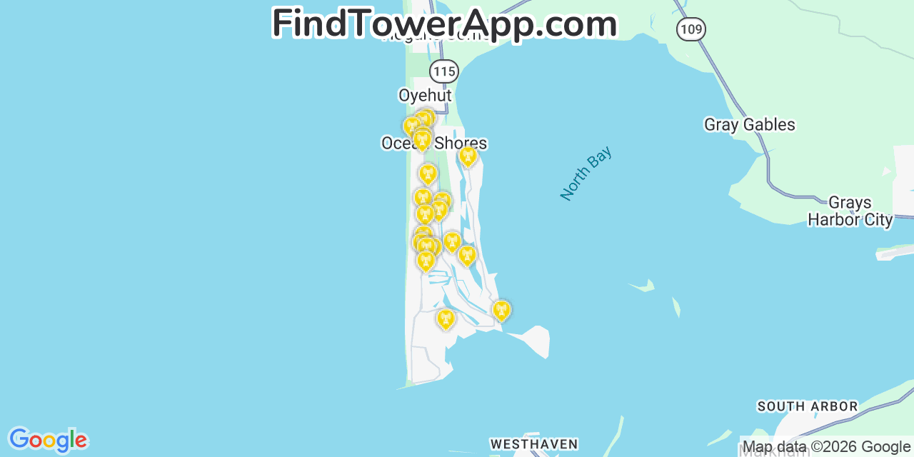 Map showing the 20 primary cell tower locations detected in Ocean Shores, Washington from AT&T, Verizon, and T-Mobile networks