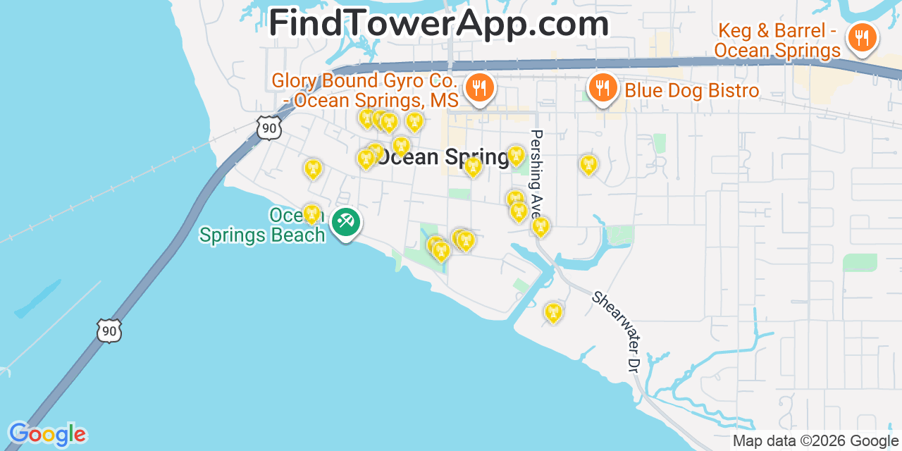 Map showing the 20 primary cell tower locations detected in Ocean Springs, Mississippi from AT&T, Verizon, and T-Mobile networks