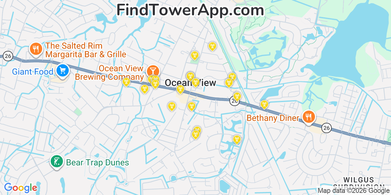 Map showing the 20 primary cell tower locations detected in Ocean View, Delaware from AT&T, Verizon, and T-Mobile networks