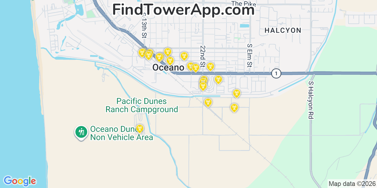 Map showing the 20 primary cell tower locations detected in Oceano, California from AT&T, Verizon, and T-Mobile networks