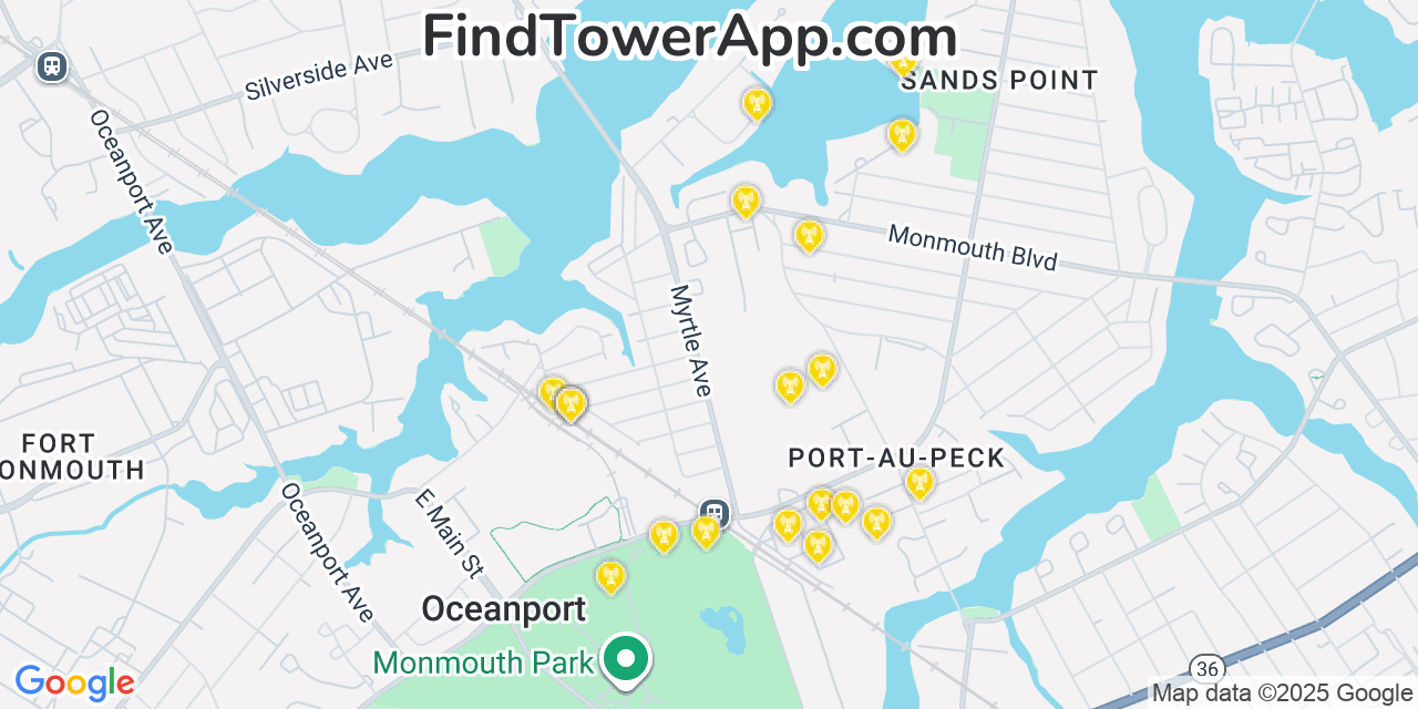 Map showing the 20 primary cell tower locations detected in Oceanport, New Jersey from AT&T, Verizon, and T-Mobile networks