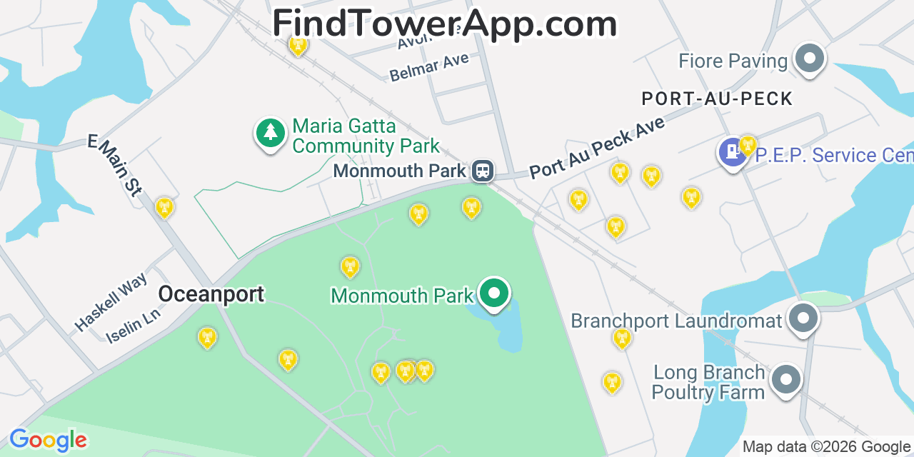 Map showing the 20 primary cell tower locations detected in Oceanport, New Jersey from AT&T, Verizon, and T-Mobile networks