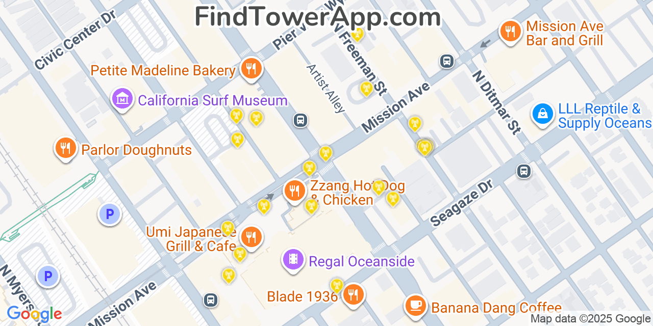 Map showing the 20 primary cell tower locations detected in Oceanside, California from AT&T, Verizon, and T-Mobile networks