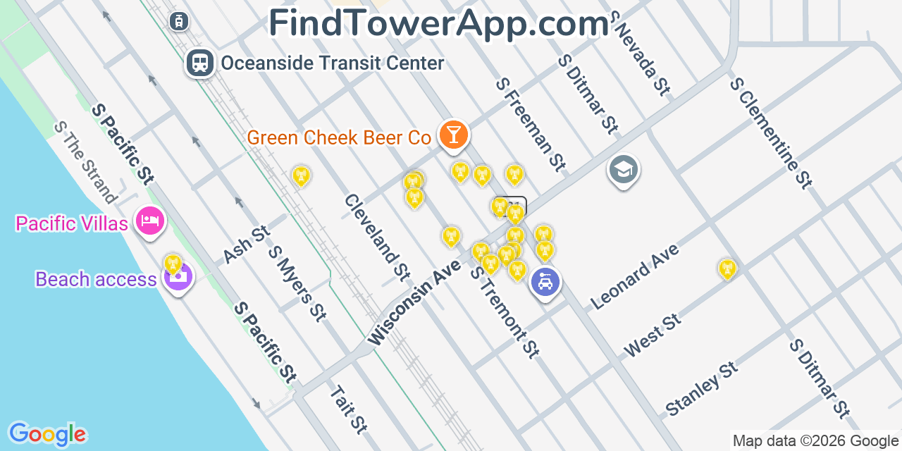 Map showing the 20 primary cell tower locations detected in Oceanside, California from AT&T, Verizon, and T-Mobile networks