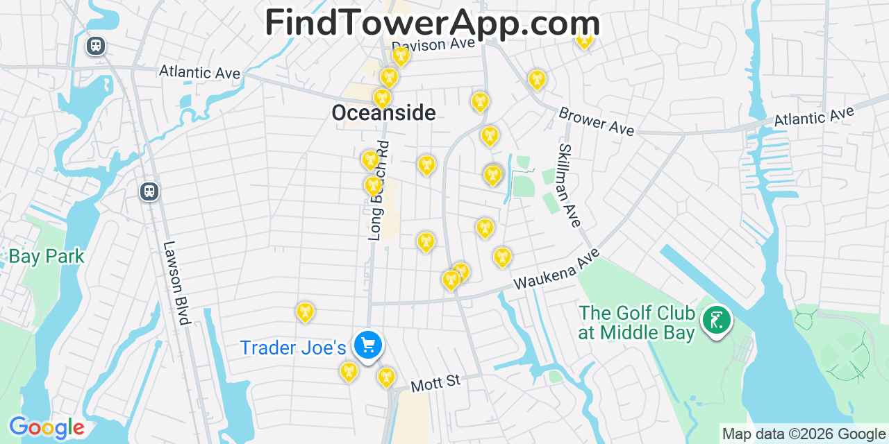 Map showing the 20 primary cell tower locations detected in Oceanside, New York from AT&T, Verizon, and T-Mobile networks