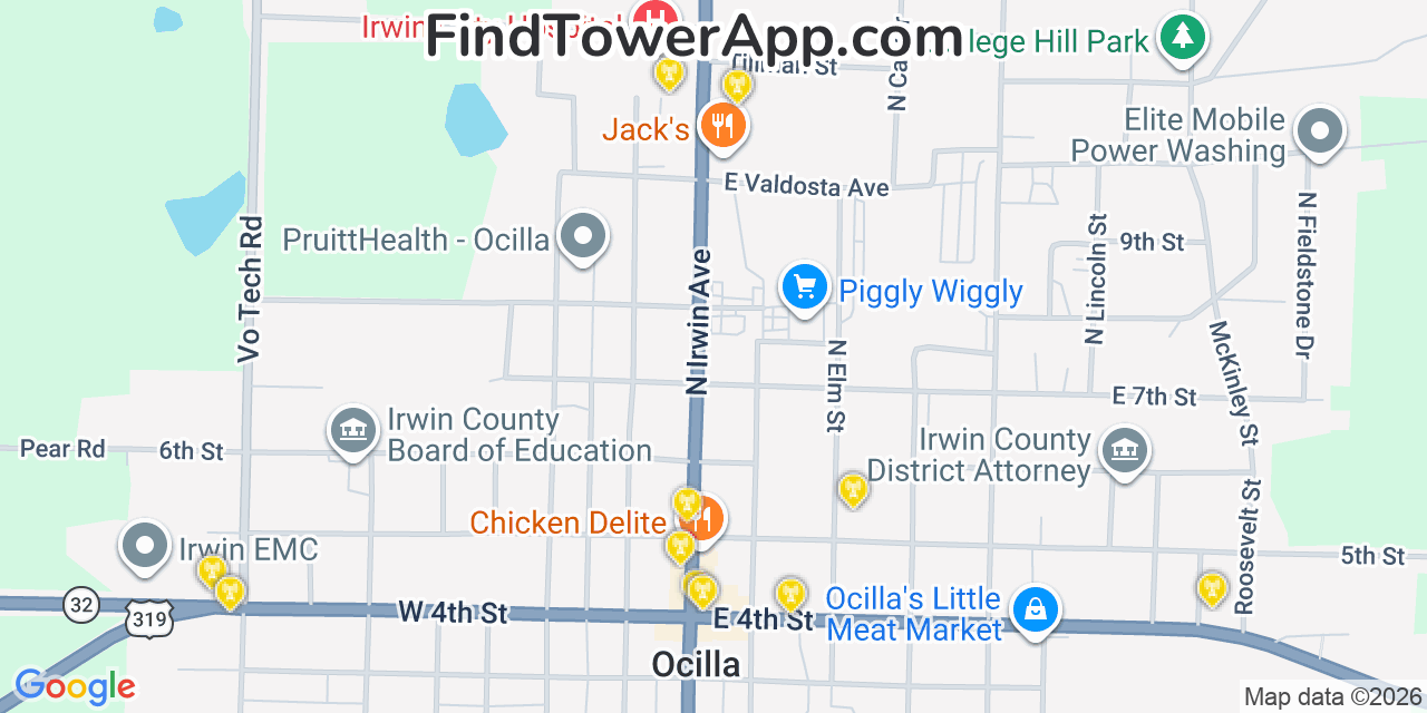 Map showing the 20 primary cell tower locations detected in Ocilla, Georgia from AT&T, Verizon, and T-Mobile networks