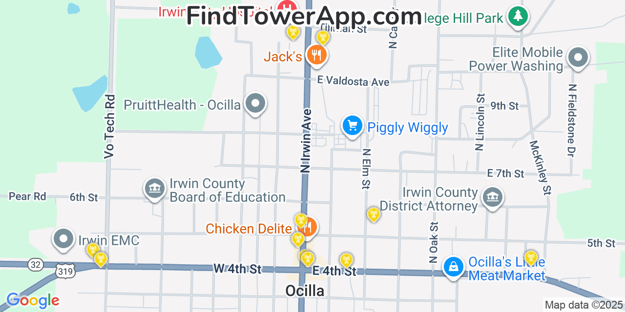 Map showing the 20 primary Mobitel cell tower locations detected in Ocilla, Georgia with coverage radius and signal strength indicators