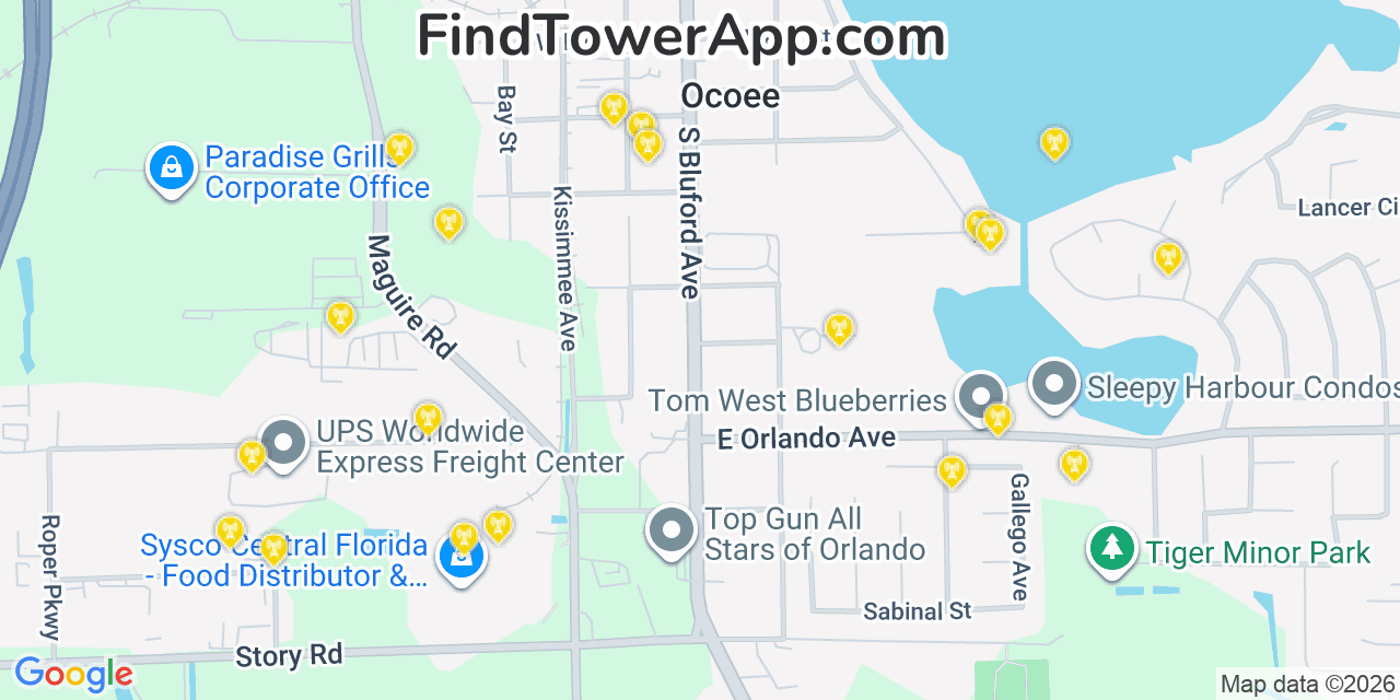 Map showing the 20 primary cell tower locations detected in Ocoee, Florida from AT&T, Verizon, and T-Mobile networks