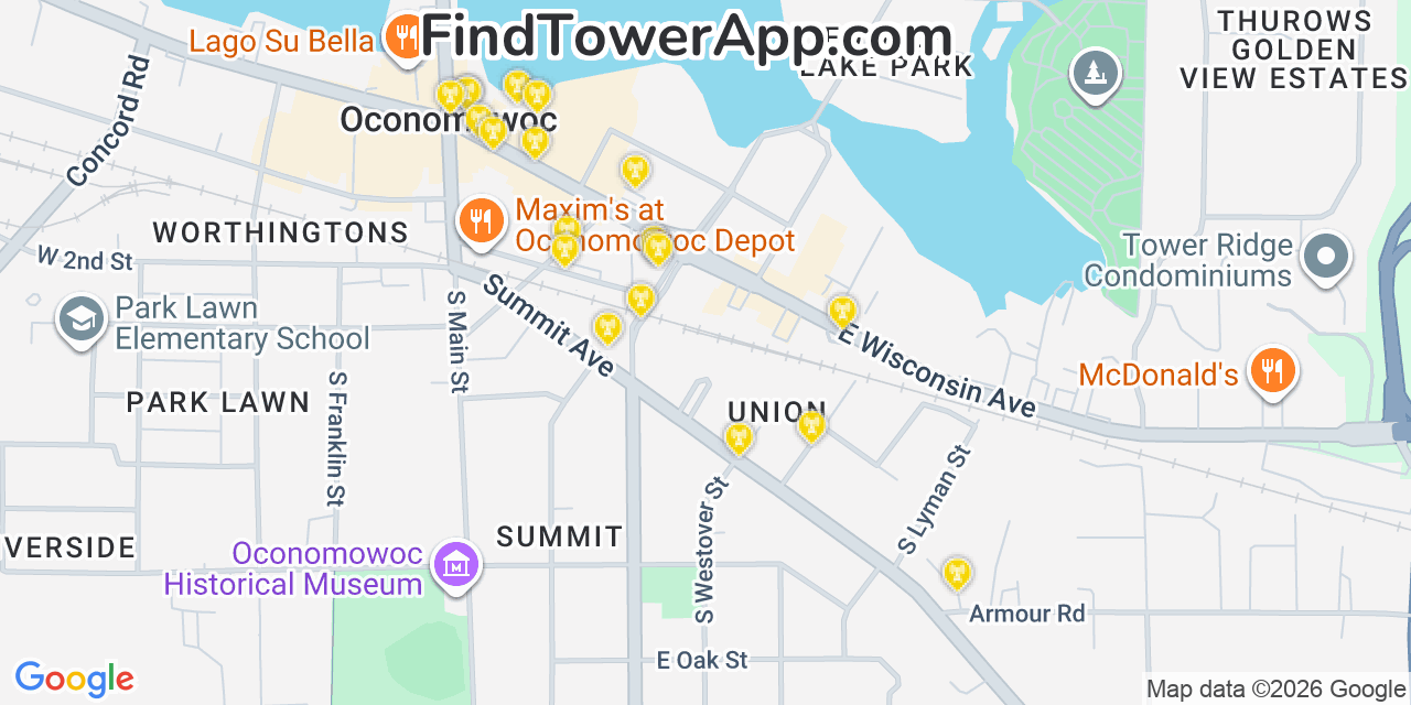 Map showing the 20 primary cell tower locations detected in Oconomowoc, Wisconsin from AT&T, Verizon, and T-Mobile networks