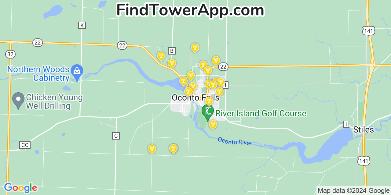 AT&T 4G/5G cell tower coverage map Oconto Falls, Wisconsin