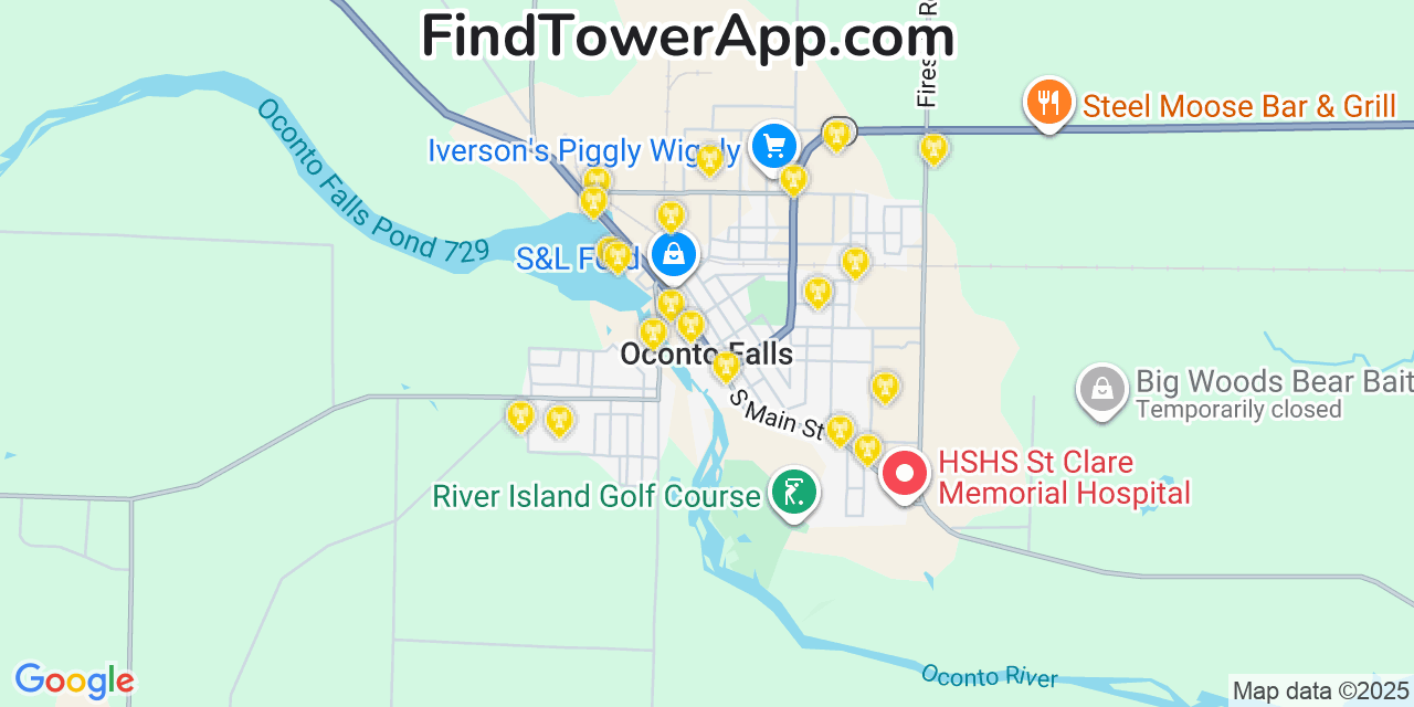Map showing the 20 primary cell tower locations detected in Oconto Falls, Wisconsin from AT&T, Verizon, and T-Mobile networks