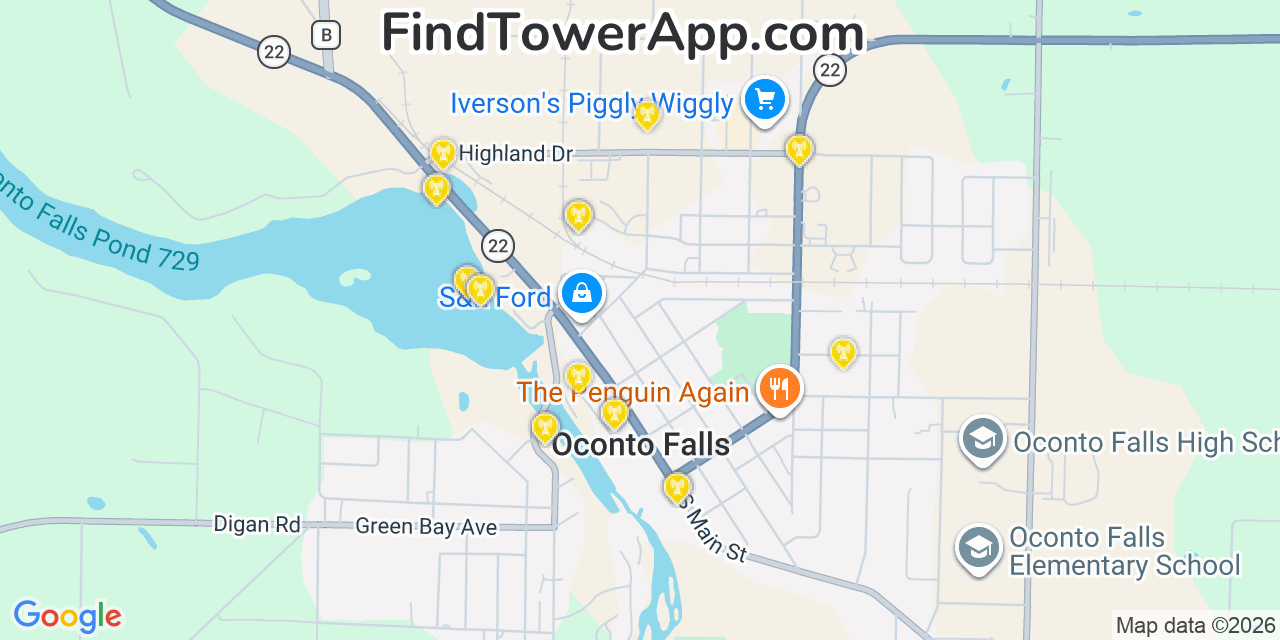 Map showing the 20 primary cell tower locations detected in Oconto Falls, Wisconsin from AT&T, Verizon, and T-Mobile networks