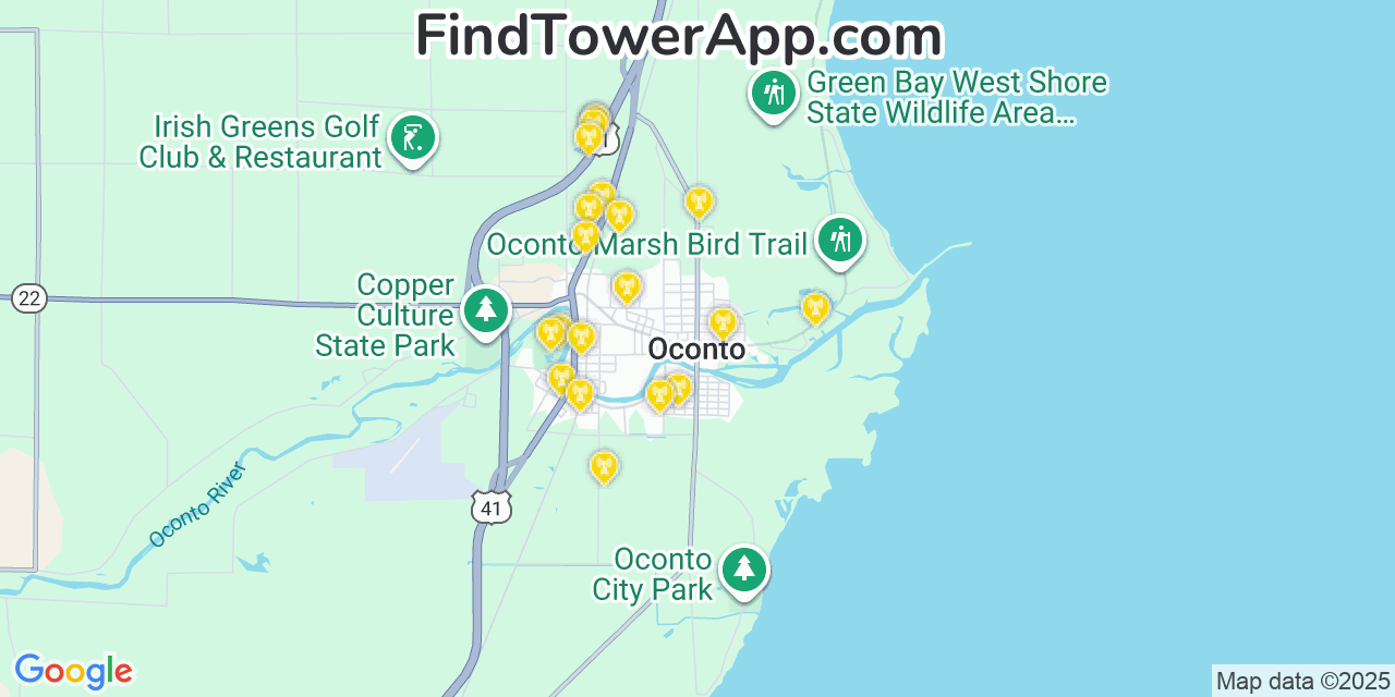Map showing the 20 primary cell tower locations detected in Oconto, Wisconsin from AT&T, Verizon, and T-Mobile networks